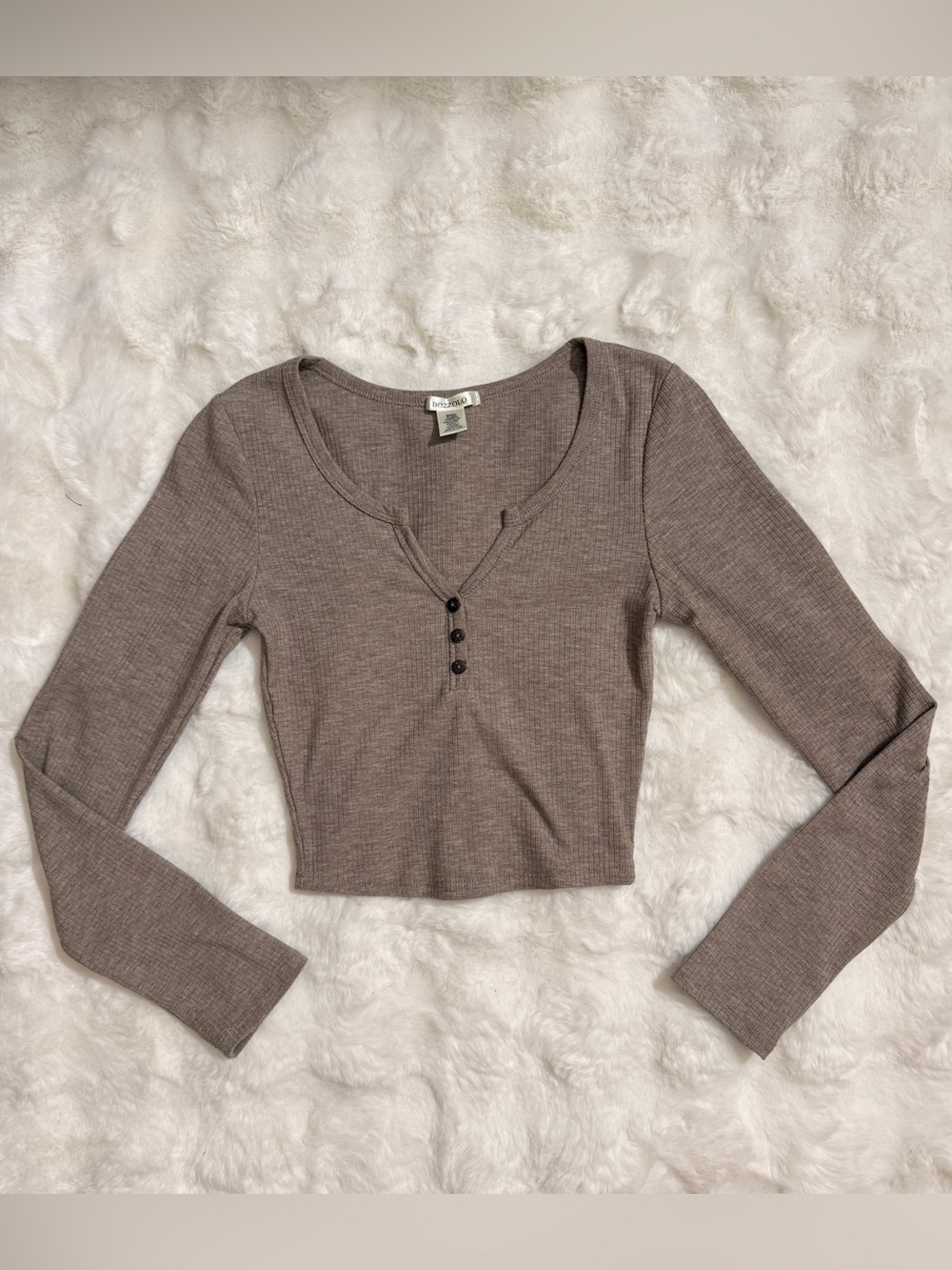 Bozzolo Ribbed Henley Long Sleeve Crop Top Brown/Taupe Size Small